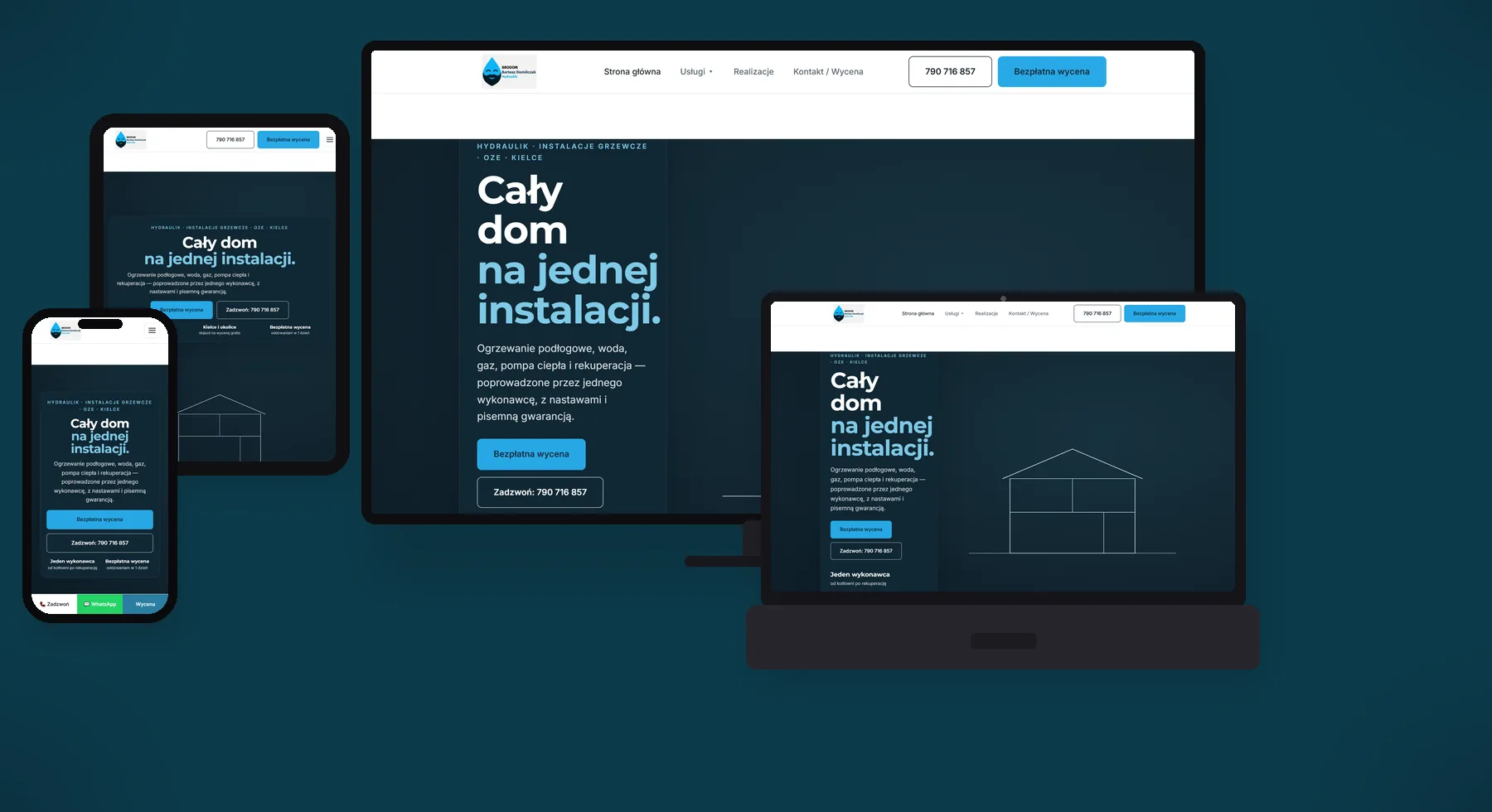 Koncept strony BRODOM na monitorze, laptopie, tablecie i telefonie