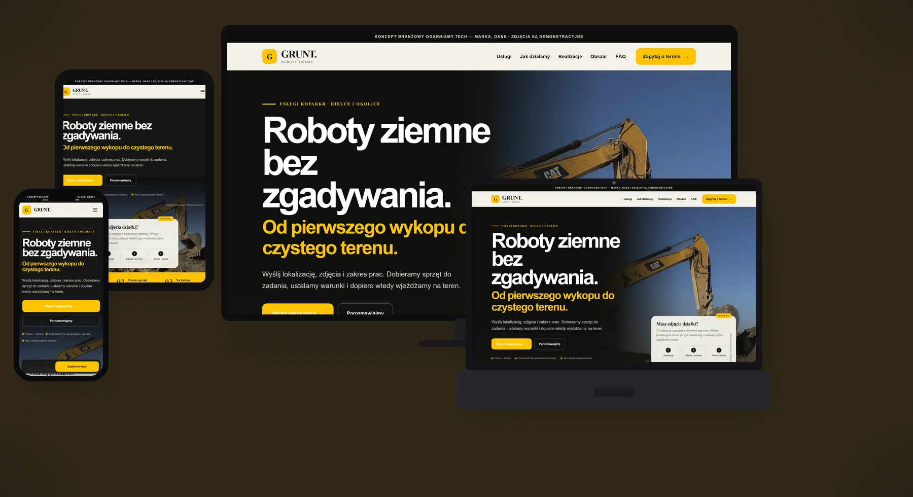 Koncept branżowy GRUNT na monitorze, laptopie, tablecie i telefonie