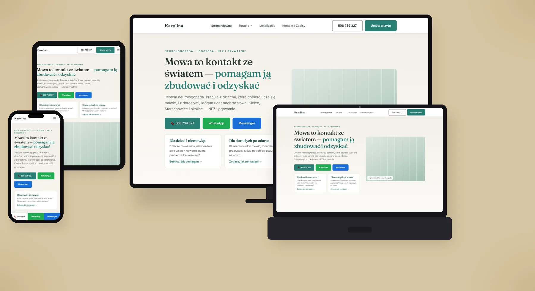 Koncept strony Karolina na monitorze, laptopie, tablecie i telefonie